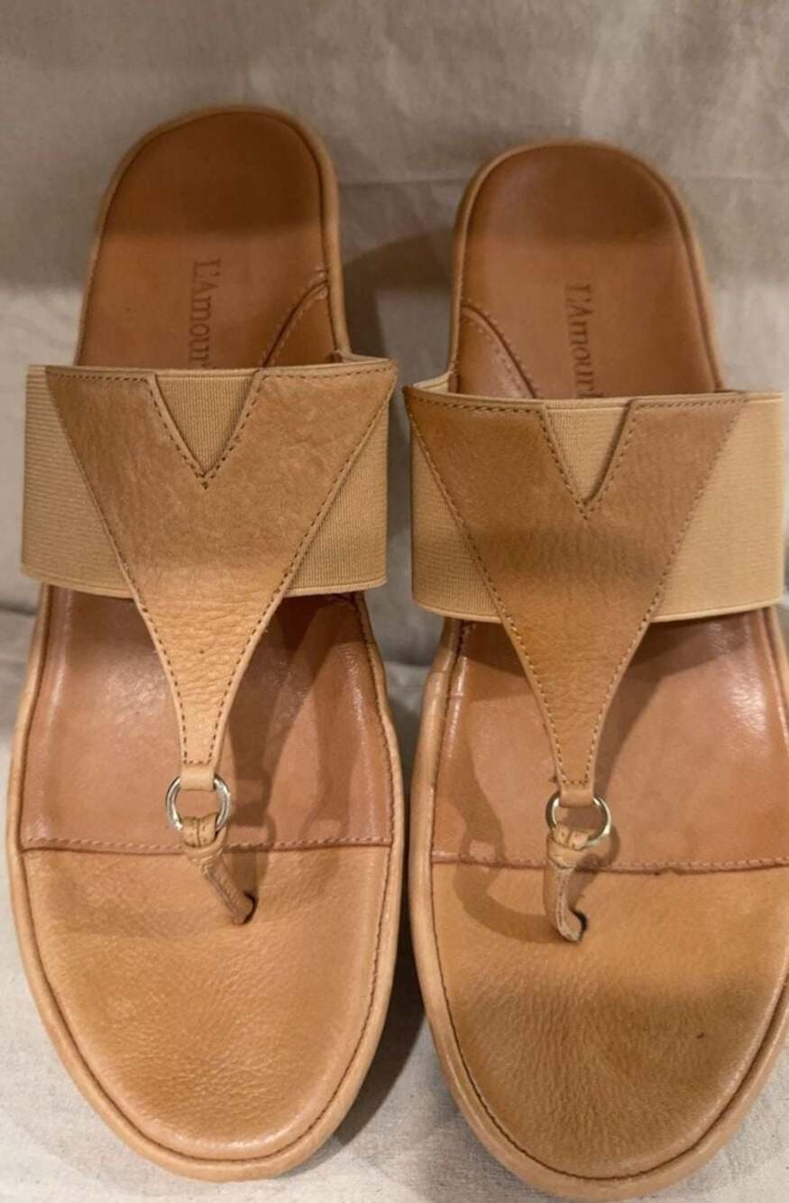 L'Amour Des Pieds Tan Leather Wedge Thong Sandals Size 10M